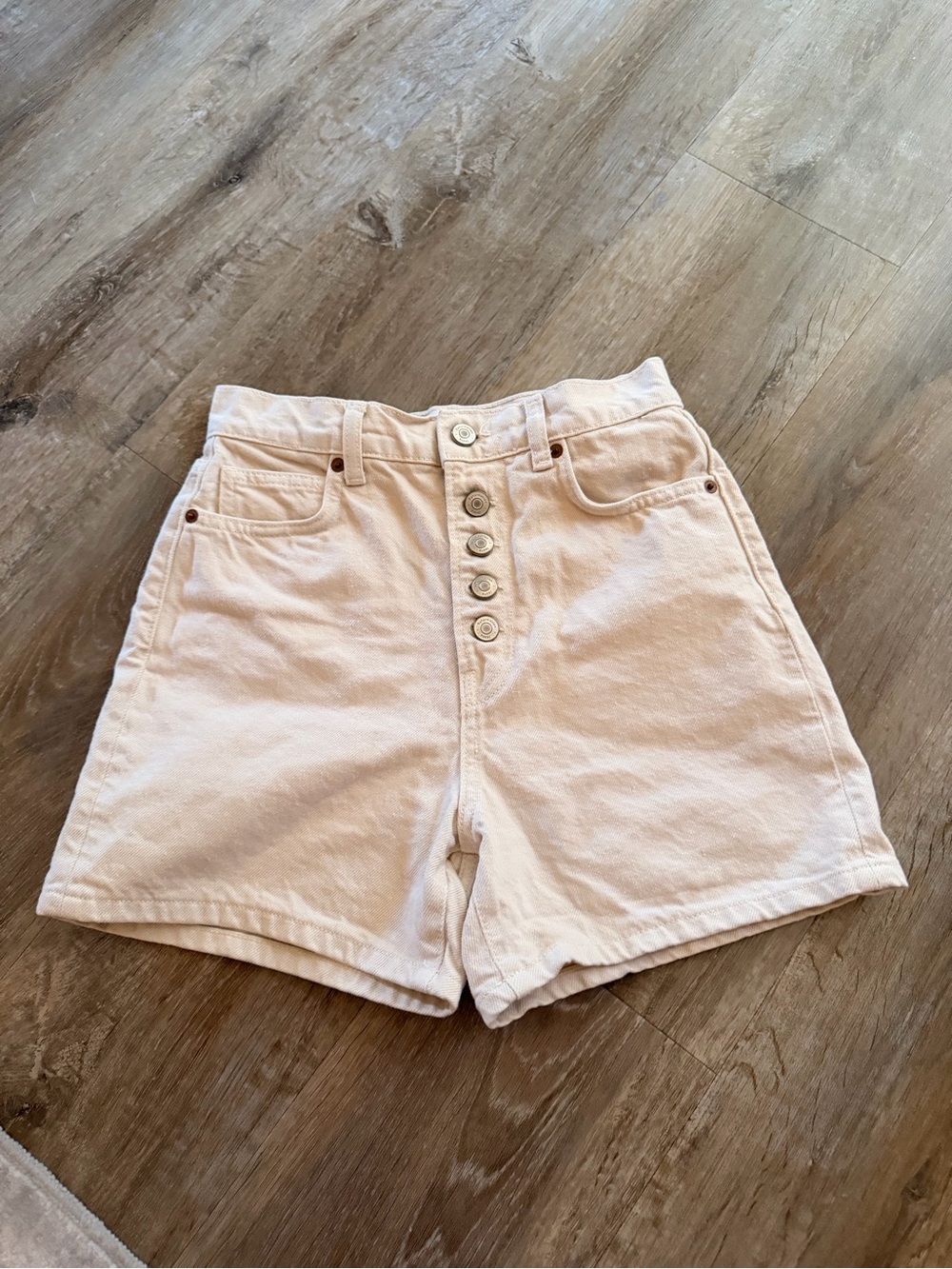 Reformation cream denim shorts